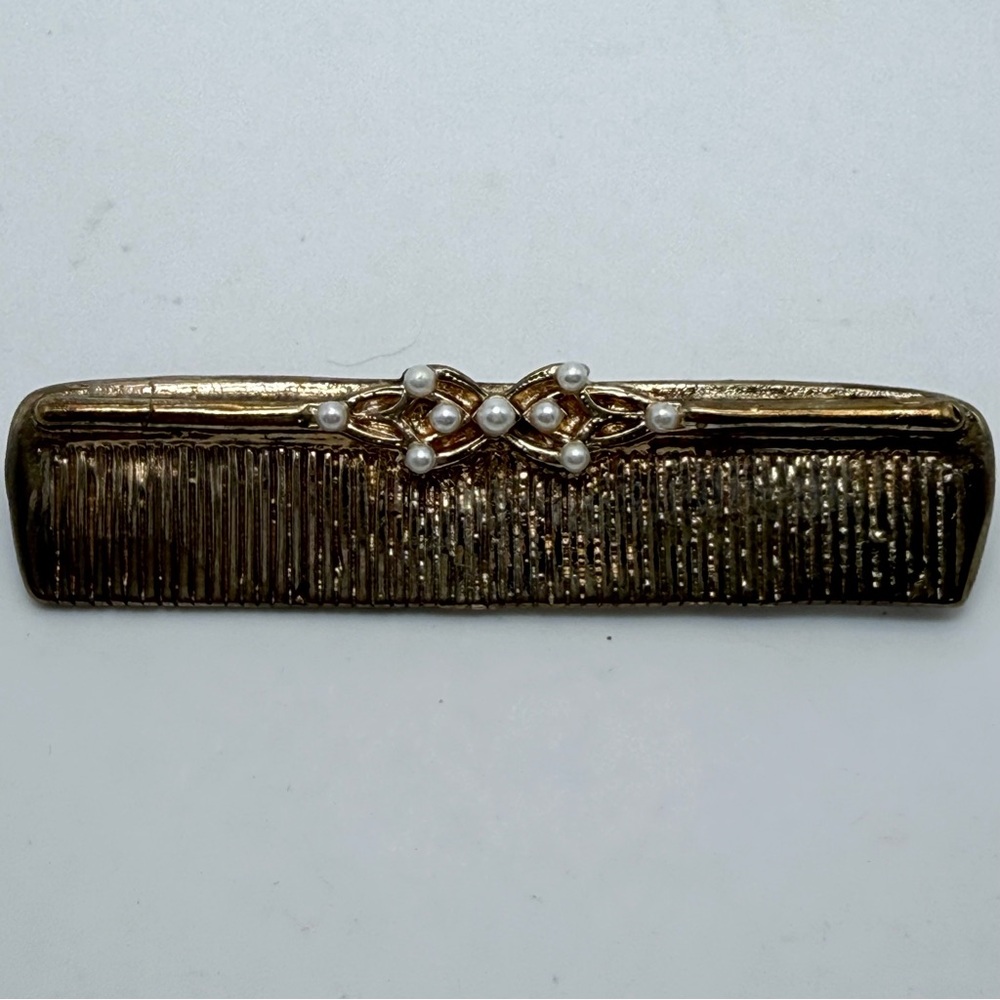 Vintage Gold Tone Comb Brooch Pin  Faux Pearls Bow Detail